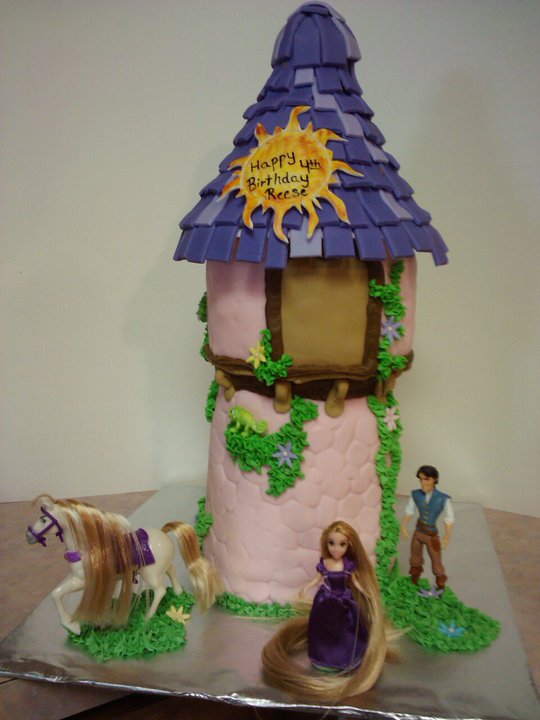 The Tangled Tower cake consists of 6 layers of chocolate cake and 2 layers 